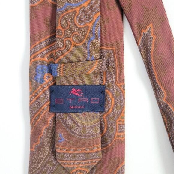 NEW Etro Tie Italian Silk Paisley Necktie NWOT Brown Green Orange Mens - Picture 6 of 9